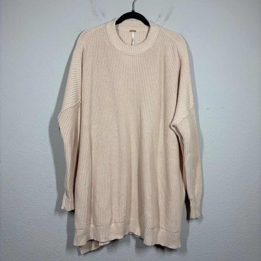 Free People XS/S Oversized Tunic Sweater Tan Knit Cotton Blend Long Sleeves